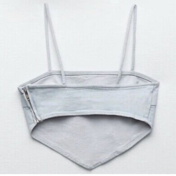 ZARA Women's Light-wash Denim Bandana Cut Zipper Back Crop Top Blouse Sz Large - Picture 4 of 9